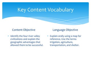 Key Content Vocabulary
Content Objective
Identify the four river valley
civilizations and explain the
geographic advantages that
allowed them to be successful.
Language Objective
Explain orally using a map for
reference. Use the terms
irrigation, agriculture,
transportation, and shelter.
 