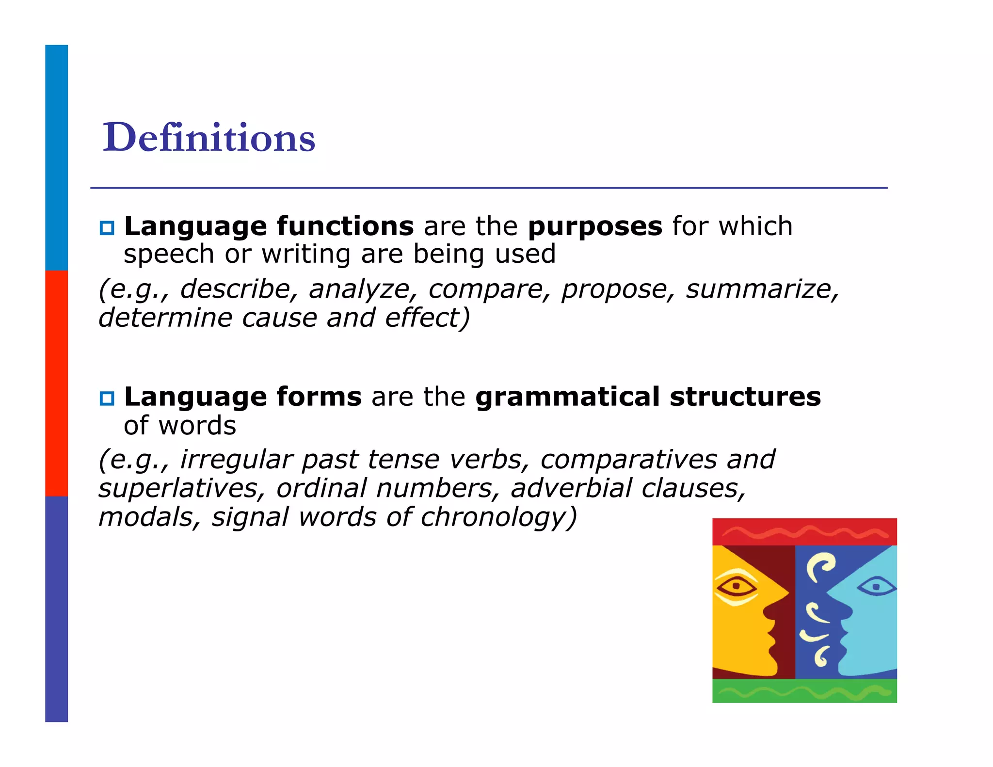 Definitions
p  Language functions are the purposes for which
speech or writing are being used
(e.g., describe, analyze, compare, propose, summarize,
determine cause and effect)
p  Language forms are the grammatical structures
of words
(e.g., irregular past tense verbs, comparatives and
superlatives, ordinal numbers, adverbial clauses,
modals, signal words of chronology)
 