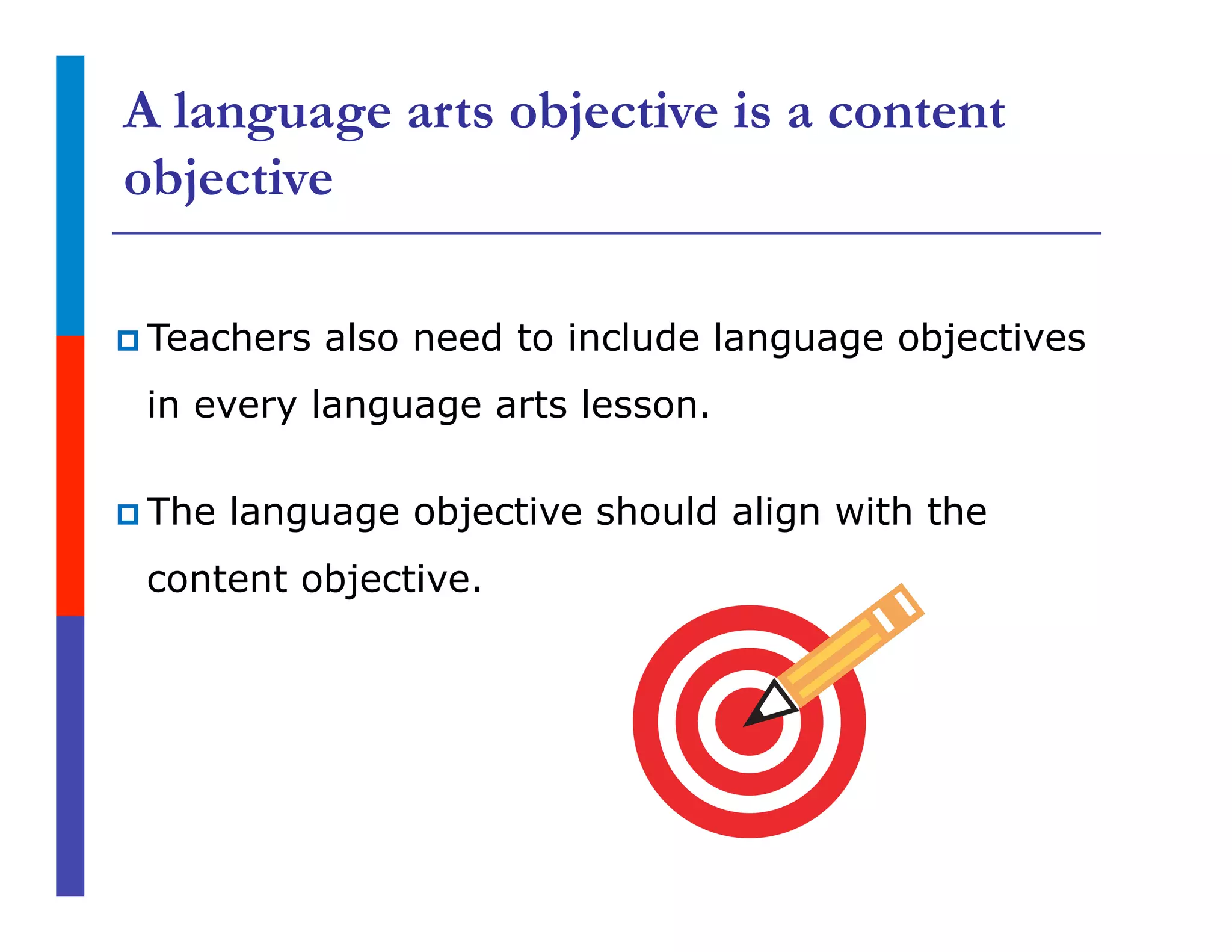 A language arts objective is a content
objective
p Teachers also need to include language objectives
in every language arts lesson.
p The language objective should align with the
content objective.
 