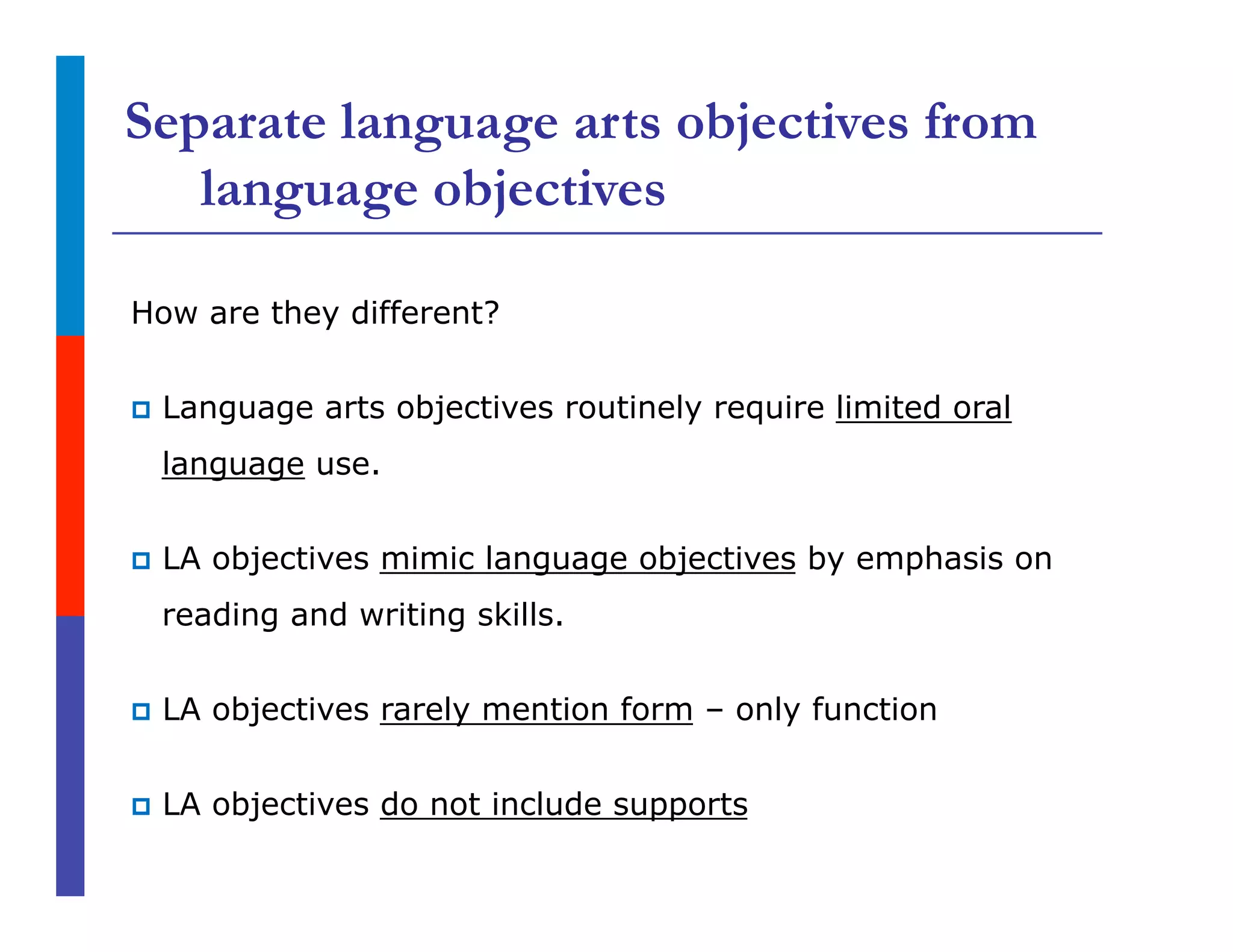 Separate language arts objectives from
language objectives
How are they different?
p  Language arts objectives routinely require limited oral
language use.
p  LA objectives mimic language objectives by emphasis on
reading and writing skills.
p  LA objectives rarely mention form – only function
p  LA objectives do not include supports
 