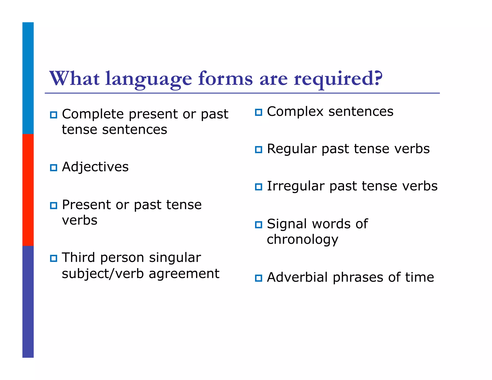 What language forms are required?
p  Complete present or past
tense sentences
p  Adjectives
p  Present or past tense
verbs
p  Third person singular
subject/verb agreement
p  Complex sentences
p  Regular past tense verbs
p  Irregular past tense verbs
p  Signal words of
chronology
p  Adverbial phrases of time
 