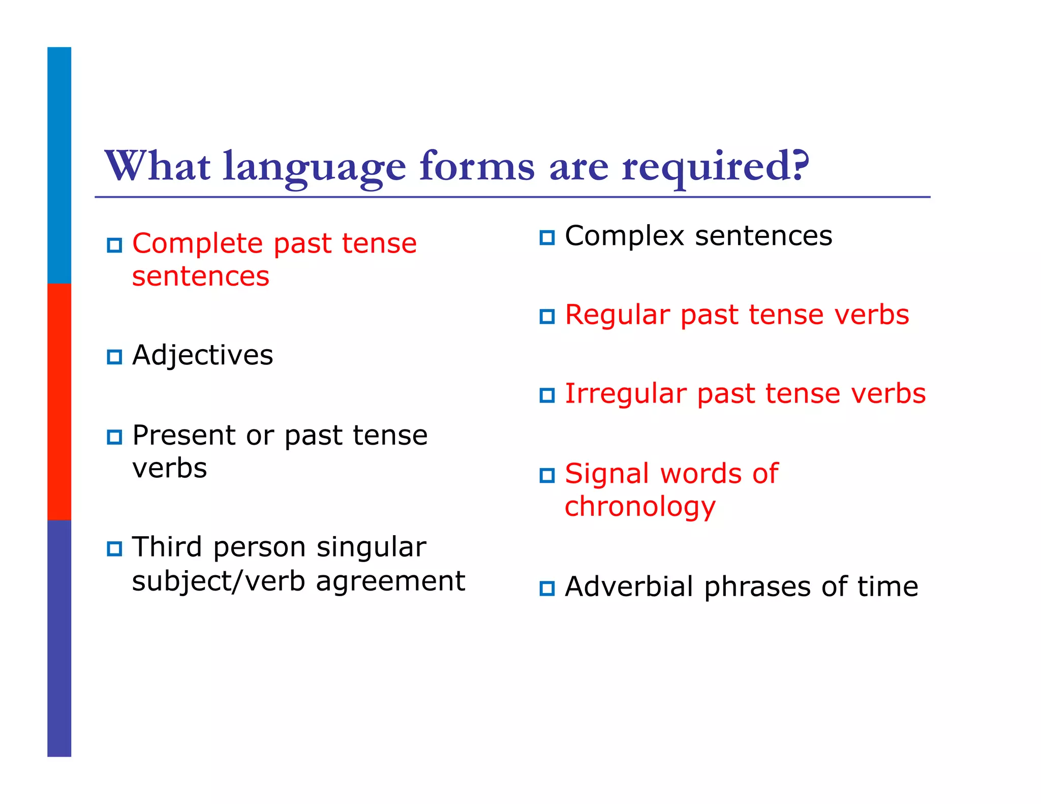 What language forms are required?
p  Complete past tense
sentences
p  Adjectives
p  Present or past tense
verbs
p  Third person singular
subject/verb agreement
p  Complex sentences
p  Regular past tense verbs
p  Irregular past tense verbs
p  Signal words of
chronology
p  Adverbial phrases of time
 
