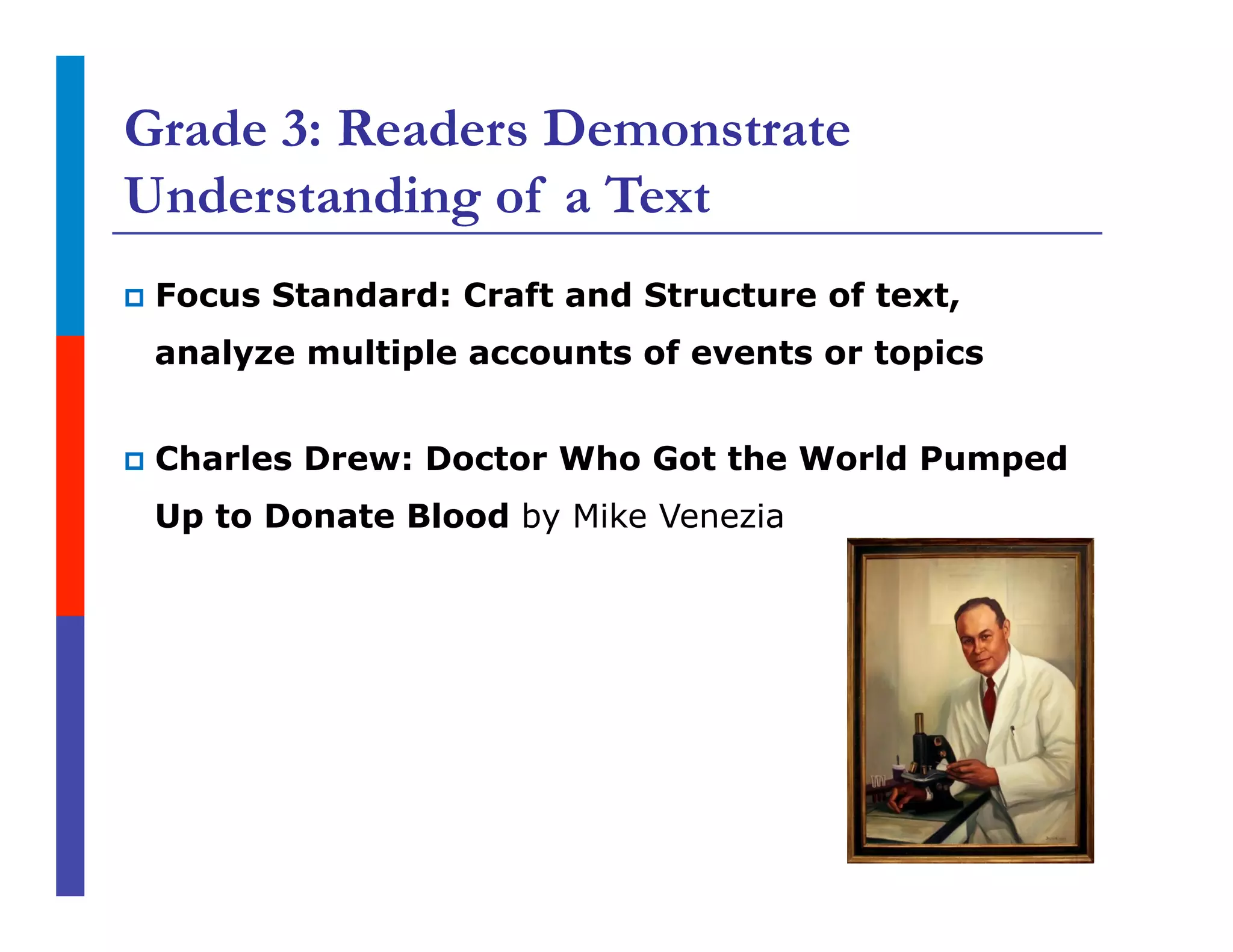 Grade 3: Readers Demonstrate
Understanding of a Text
p  Focus Standard: Craft and Structure of text,
analyze multiple accounts of events or topics
p  Charles Drew: Doctor Who Got the World Pumped
Up to Donate Blood by Mike Venezia
 