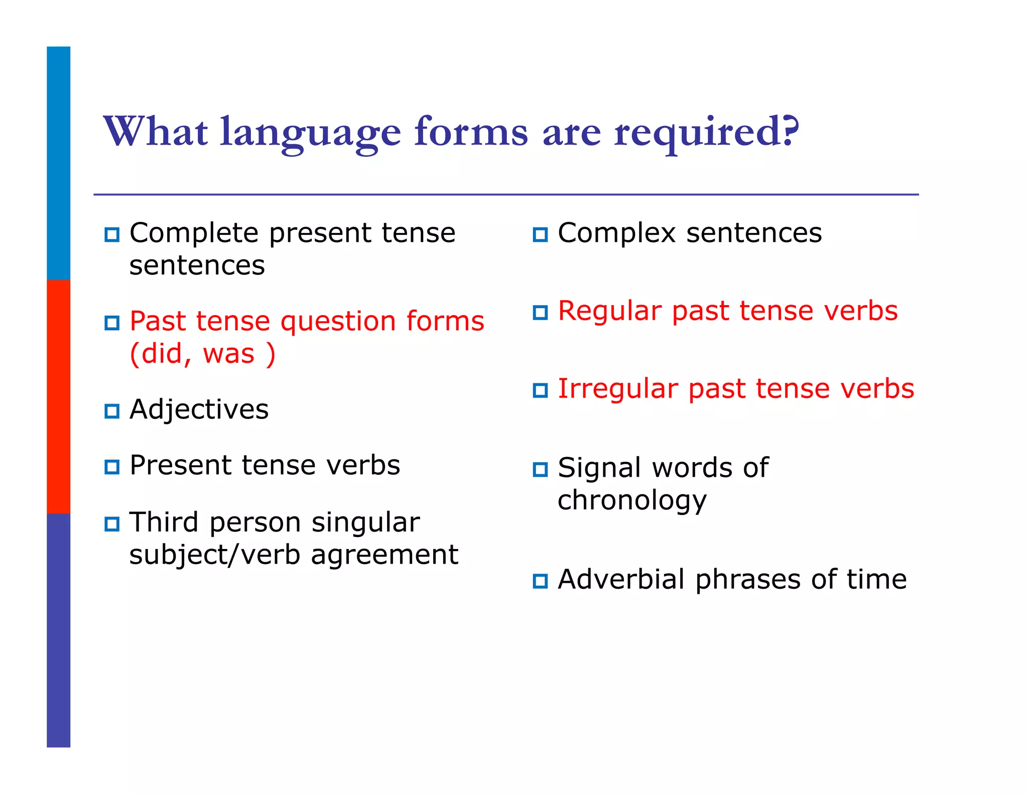What language forms are required?
p  Complete present tense
sentences
p  Past tense question forms
(did, was )
p  Adjectives
p  Present tense verbs
p  Third person singular
subject/verb agreement
p  Complex sentences
p  Regular past tense verbs
p  Irregular past tense verbs
p  Signal words of
chronology
p  Adverbial phrases of time
 