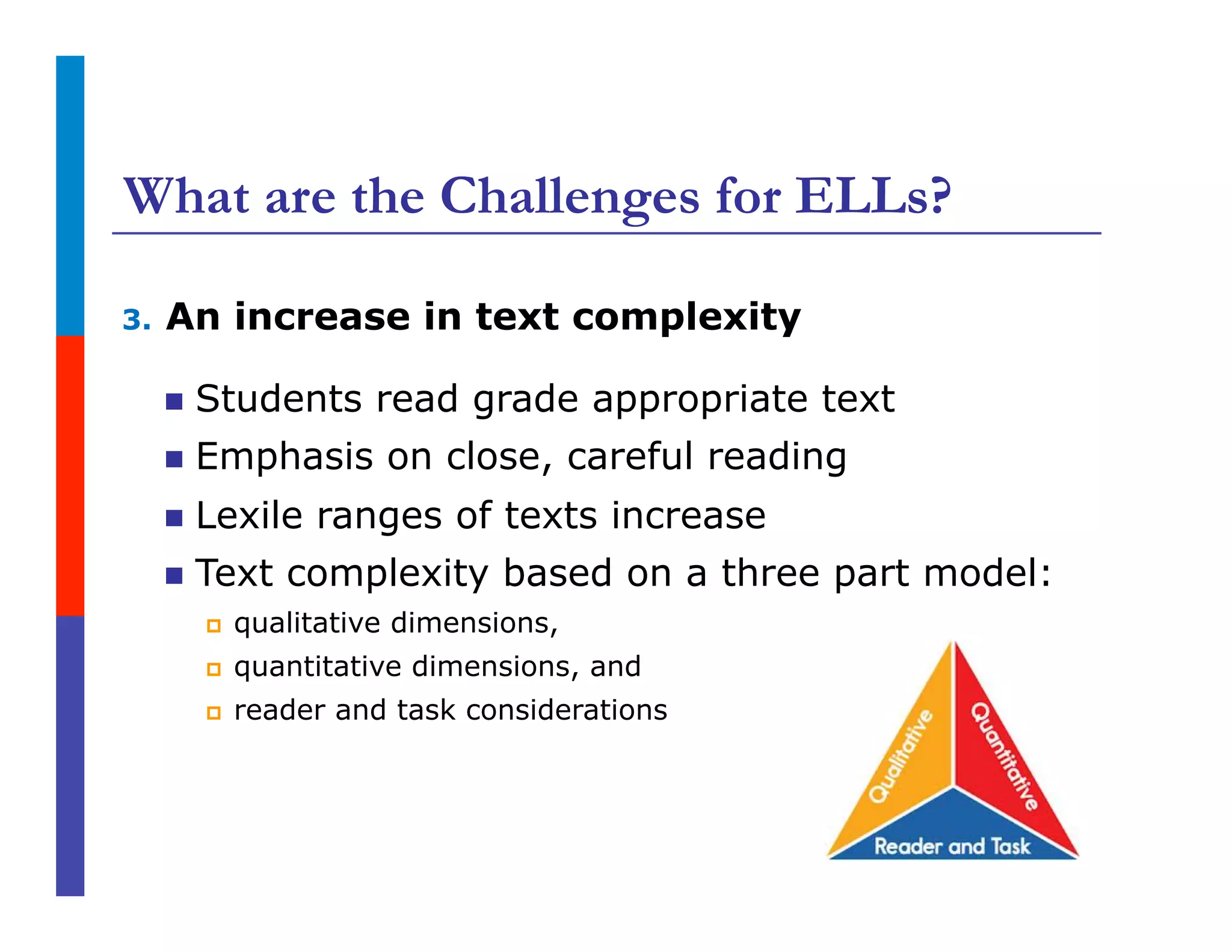 What are the Challenges for ELLs?
3.  An increase in text complexity
n  Students read grade appropriate text
n  Emphasis on close, careful reading
n  Lexile ranges of texts increase
n  Text complexity based on a three part model:
p  qualitative dimensions,
p  quantitative dimensions, and
p  reader and task considerations
 