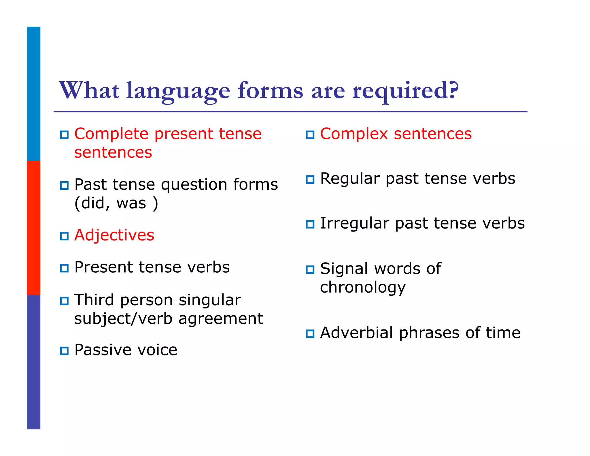 What language forms are required?
p  Complete present tense
sentences
p  Past tense question forms
(did, was )
p  Adjectives
p  Present tense verbs
p  Third person singular
subject/verb agreement
p  Passive voice
p  Complex sentences
p  Regular past tense verbs
p  Irregular past tense verbs
p  Signal words of
chronology
p  Adverbial phrases of time
 