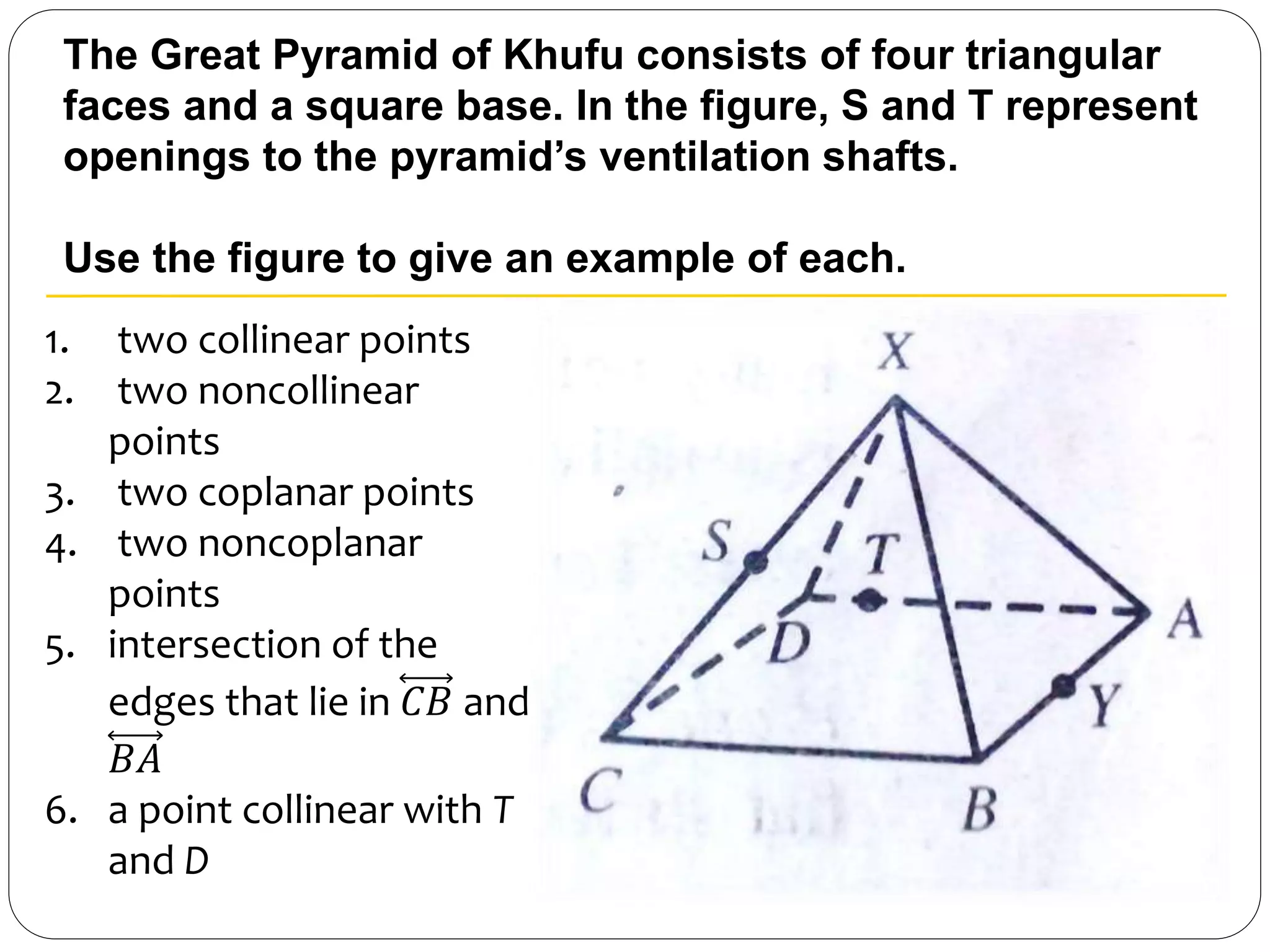 The Great Pyramid of Khufu consists of four triangular
faces and a square base. In the figure, S and T represent
openings to the pyramid’s ventilation shafts.
Use the figure to give an example of each.
1. two collinear points
2. two noncollinear
points
3. two coplanar points
4. two noncoplanar
points
5. intersection of the
edges that lie in 𝐶𝐵 and
𝐵𝐴
6. a point collinear with T
and D
 