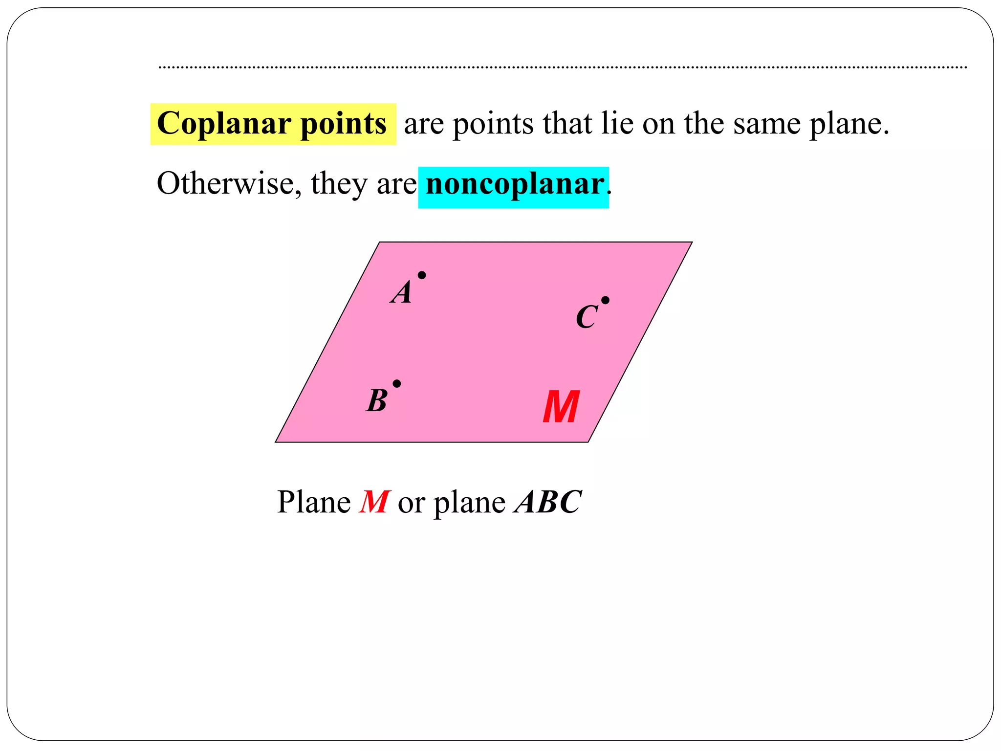 Coplanar points are points that lie on the same plane.
Otherwise, they are noncoplanar.
Plane M or plane ABC
A
C
MB
 