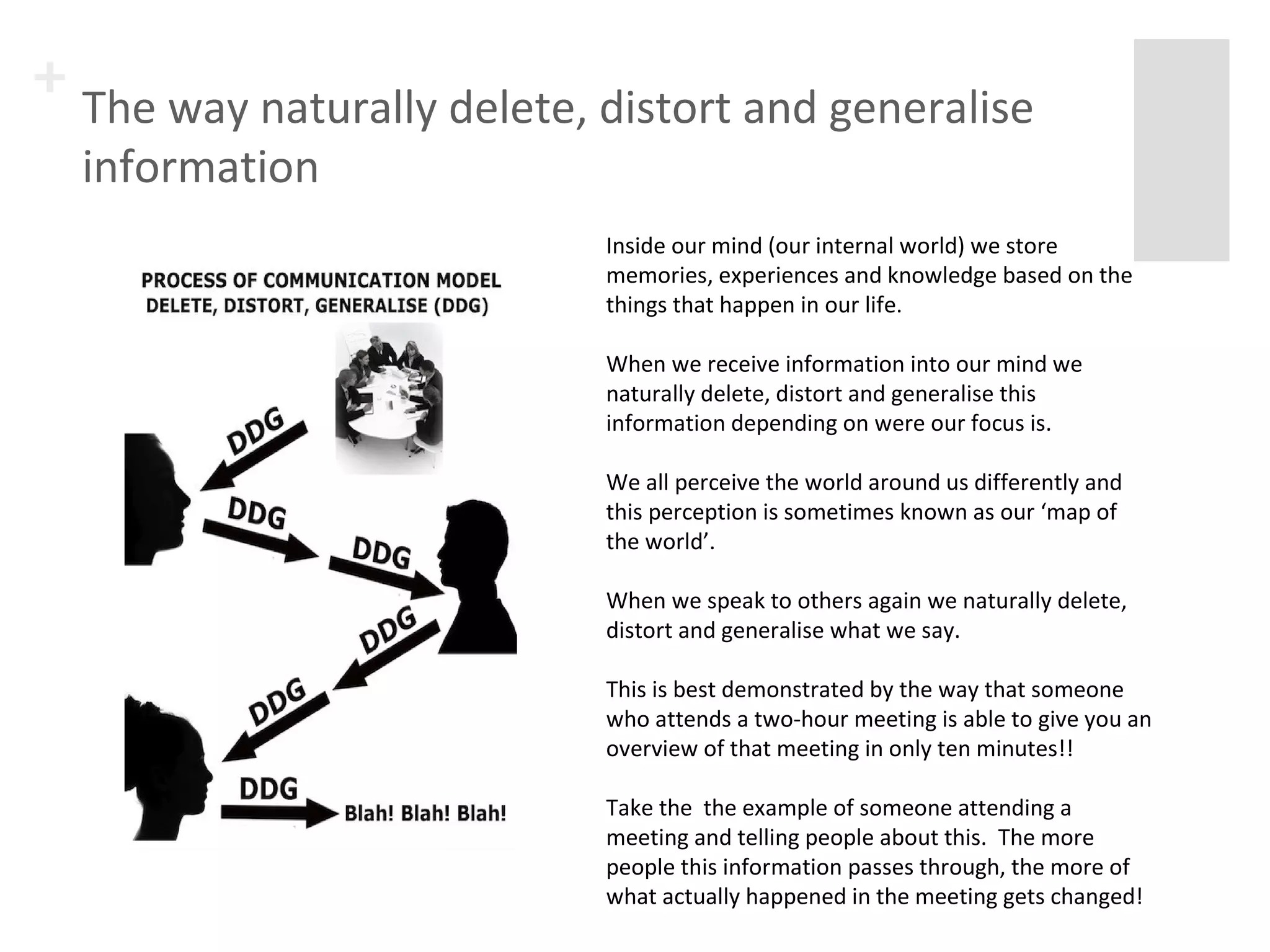 + The way naturally delete, distort and generalise 
information 
Inside our mind (our internal world) we store 
memories, experiences and knowledge based on the 
things that happen in our life. 
When we receive information into our mind we 
naturally delete, distort and generalise this 
information depending on were our focus is. 
We all perceive the world around us differently and 
this perception is sometimes known as our ‘map of 
the world’. 
When we speak to others again we naturally delete, 
distort and generalise what we say. 
This is best demonstrated by the way that someone 
who attends a two-hour meeting is able to give you an 
overview of that meeting in only ten minutes!! 
Take the the example of someone attending a 
meeting and telling people about this. The more 
people this information passes through, the more of 
what actually happened in the meeting gets changed! 
 