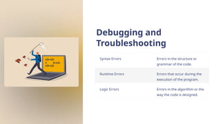 Debugging and
Troubleshooting
Syntax Errors Errors in the structure or
grammar of the code.
Runtime Errors Errors that occur during the
execution of the program.
Logic Errors Errors in the algorithm or the
way the code is designed.
 