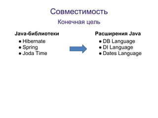 Совместимость
              Конечная цель
Java-библиотеки          Расширения Java
 ● Hibernate              ● DB Language
 ● Spring                 ● DI Language
 ● Joda Time              ● Dates Language
 