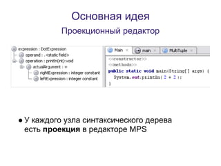 Основная идея
          Проекционный редактор




● У каждого узла синтаксического дерева
  есть проекция в редакторе MPS
 