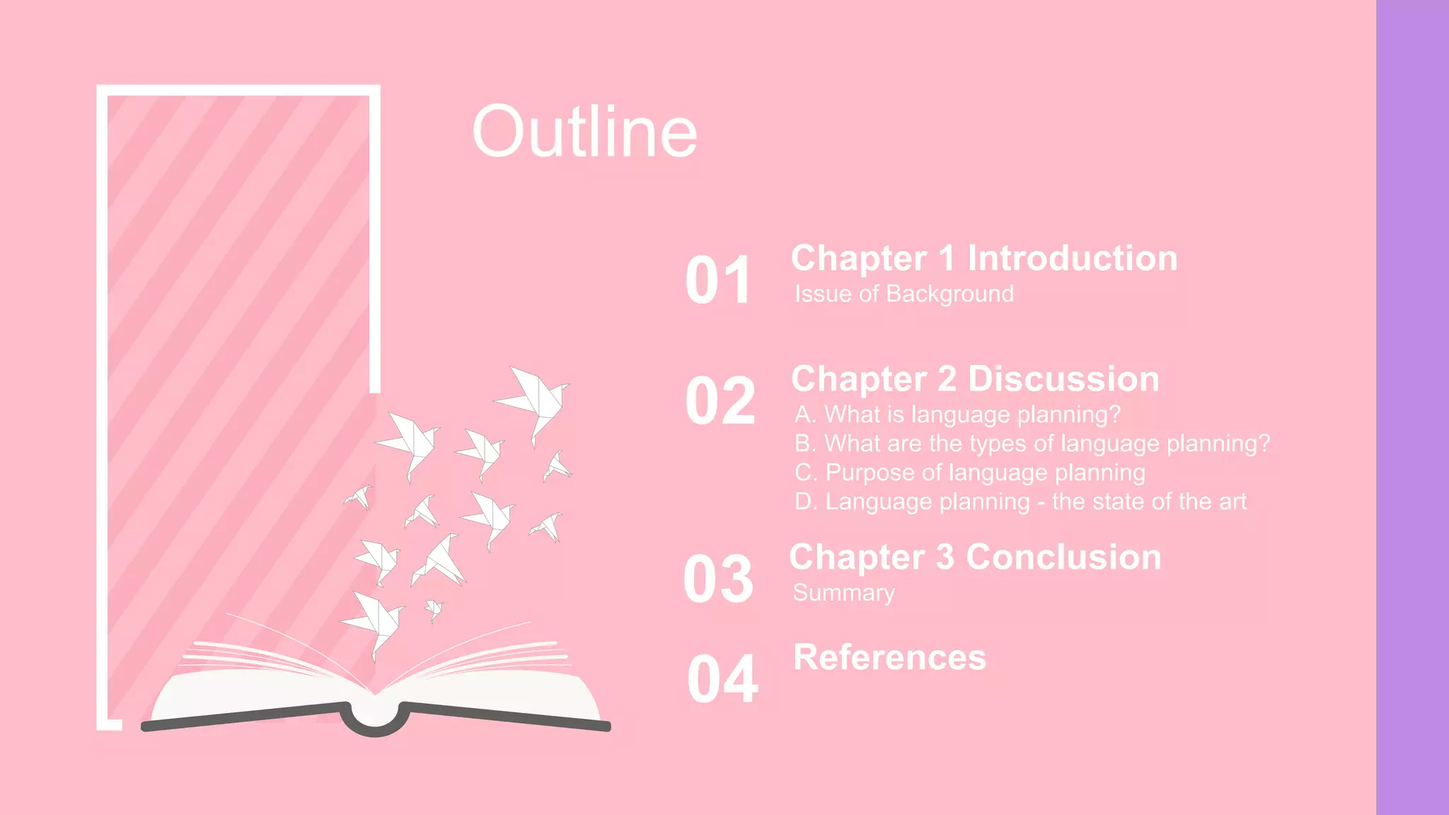 Issue of Background
Chapter 1 Introduction
01
Outline
A. What is language planning?
B. What are the types of language planning?
C. Purpose of language planning
D. Language planning - the state of the art
Chapter 2 Discussion
02
Summary
Chapter 3 Conclusion
03
References
04
 
