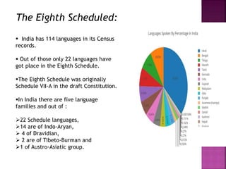 The Eighth Scheduled:
 India has 114 languages in its Census
records.
 Out of those only 22 languages have
got place in the Eighth Schedule.
The Eighth Schedule was originally
Schedule VII-A in the draft Constitution.
In India there are five language
families and out of :
22 Schedule languages,
14 are of Indo-Aryan,
 4 of Dravidian,
 2 are of Tibeto-Burman and
1 of Austro-Asiatic group.
 