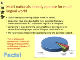 भा
षा
नी
ति
Multi-nationals already operate for multi-
lingual world
• Global Reality is Multilingual (see pie chart below).
• Corporates have already adapted their business strategy to
‘Internationalization’ & ‘Localization’ in global marketplace.
• Computing is already moving toward software development in
various human languages, and multilingual user interfaces.
• The future is seamless multilingual computing and business support.
DRAFT - V1 - 06.17.2014
This is a Microsoft
presentation. India is not
taking advantage of this
multi-lingual emphasis of
multi-nationals
 