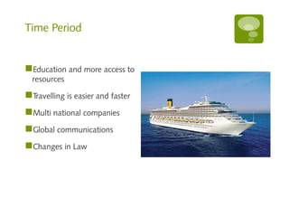 Time Period
Education and more access to
resources
Travelling is easier and faster
Multi national companies
Global communications
Changes in Law
 