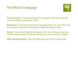 The Effect of Language
Transactional- If you cannot speak the language of the area, then you
may have trouble carrying out a task.
Expressive- If you cannot speak the language of the area, then there may
be a miscommunication while trying to express feelings/concerns
Social: if you cannot speak the language of the area, then you may have
trouble making friends, fit into the community, and may not be accepted.
Self-communication: does not affect how you fit into a community
 
