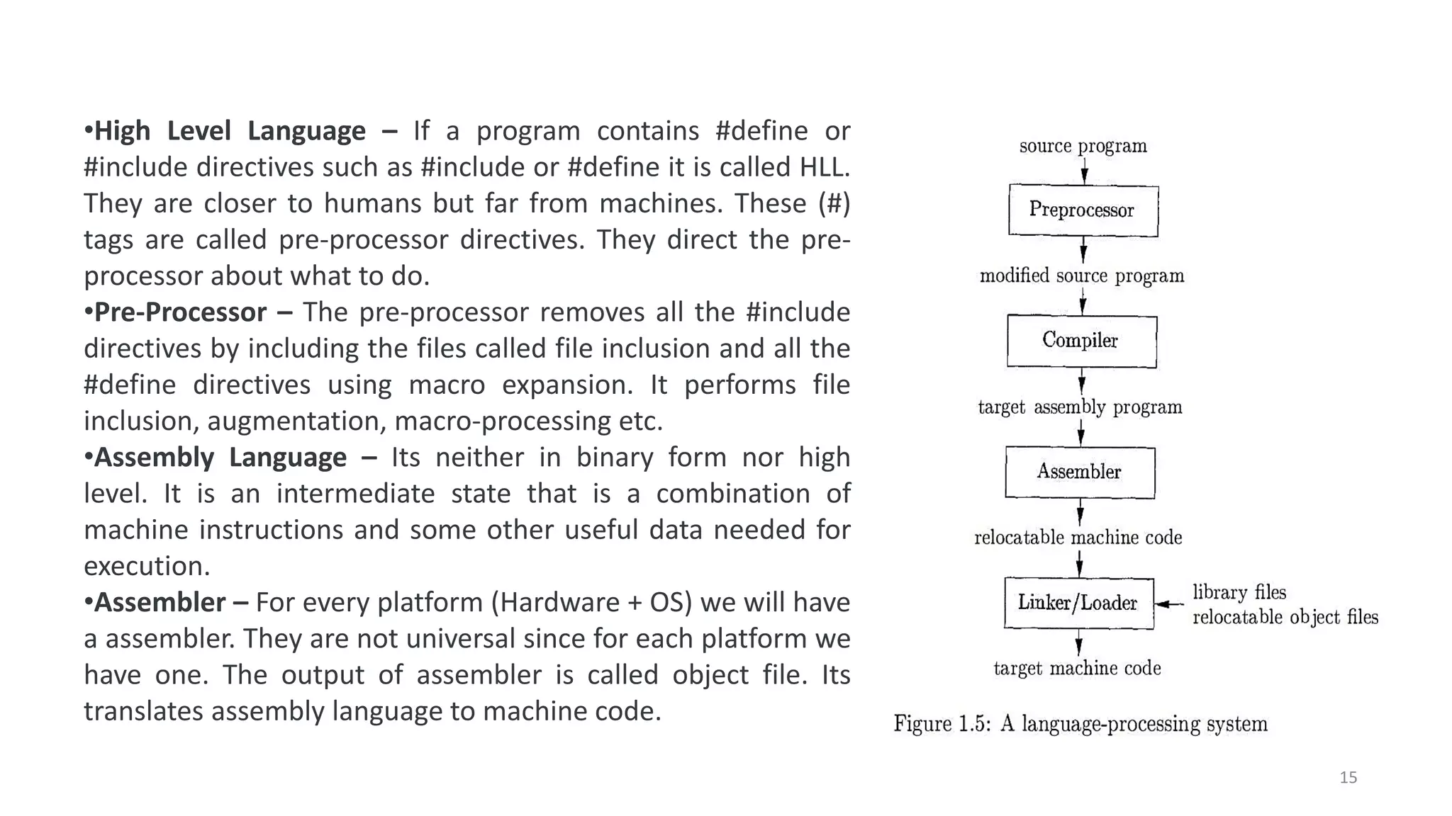 •High Level Language – If a program contains #define or
#include directives such as #include or #define it is called HLL.
They are closer to humans but far from machines. These (#)
tags are called pre-processor directives. They direct the pre-
processor about what to do.
•Pre-Processor – The pre-processor removes all the #include
directives by including the files called file inclusion and all the
#define directives using macro expansion. It performs file
inclusion, augmentation, macro-processing etc.
•Assembly Language – Its neither in binary form nor high
level. It is an intermediate state that is a combination of
machine instructions and some other useful data needed for
execution.
•Assembler – For every platform (Hardware + OS) we will have
a assembler. They are not universal since for each platform we
have one. The output of assembler is called object file. Its
translates assembly language to machine code.
15
 