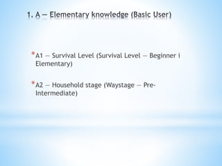 *A1 — Survival Level (Survival Level — Beginner i
Elementary)
*A2 — Household stage (Waystage — Pre-
Intermediate)
 