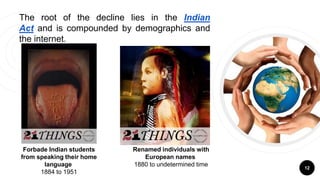 The root of the decline lies in the Indian
Act and is compounded by demographics and
the internet.
Forbade Indian students
from speaking their home
language
1884 to 1951
12
Renamed individuals with
European names
1880 to undetermined time
 