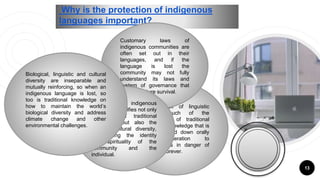 Why is the protection of indigenous
languages important?
13
As a result of linguistic
erosion, much of the
encyclopedia of traditional
indigenous knowledge that is
usually passed down orally
from generation to
generation is in danger of
being lost forever.
Customary laws of
indigenous communities are
often set out in their
languages, and if the
language is lost the
community may not fully
understand its laws and
system of governance that
foster its future survival.
The loss of indigenous
languages signifies not only
the loss of traditional
knowledge but also the
loss of cultural diversity,
undermining the identity
and spirituality of the
community and the
individual.
Biological, linguistic and cultural
diversity are inseparable and
mutually reinforcing, so when an
indigenous language is lost, so
too is traditional knowledge on
how to maintain the world’s
biological diversity and address
climate change and other
environmental challenges.
 