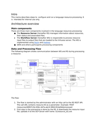 Intro
This memo describes steps to configure and run a language resource processing. It
is intended for internal use only.
Architecture overview
Main components
There are three main components involved in the language resources processing:
● The Resource Server (hereafter RS) manages information about resources,
their status and associated files.
● The Workflow Server (hereafter WS) is responsible to process resource
input files to output files that are loaded to the Virtuoso server. The WS is
implemented using Oozie and Hadoop.
● DERI and others participants processing components
Data and Processing Flow
The following diagram shows communication between WS and RS during processing
a resource:
The flow:
1. The flow is started by the administrator with an http call to the RS REST API.
The call URL contains resource ID as a parameter. Example: POST
/resources/48957c5d-456c-4d7a-abc9-3062c91dafdd/processed
2. First step in the processing is done by the RS. It downloads the resource input
file, uploads it to the SCP server with name: ${resource_id}.ext
 