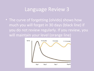 Language Review 3
• The curve of forgetting (olvido) shows how
  much you will forget in 30 days (black line) if
  you do not review regularly. If you review, you
  will maintain your level (orange line)
 