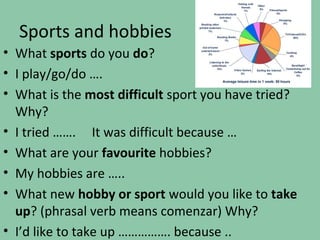 Sports and hobbies
• What sports do you do?
• I play/go/do ….
• What is the most difficult sport you have tried?
  Why?
• I tried ……. It was difficult because …
• What are your favourite hobbies?
• My hobbies are …..
• What new hobby or sport would you like to take
  up? (phrasal verb means comenzar) Why?
• I’d like to take up ……………. because ..
 