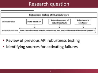 Research question
 Review of previous API robustness testing
 Identifying sources for activating failures
9
 