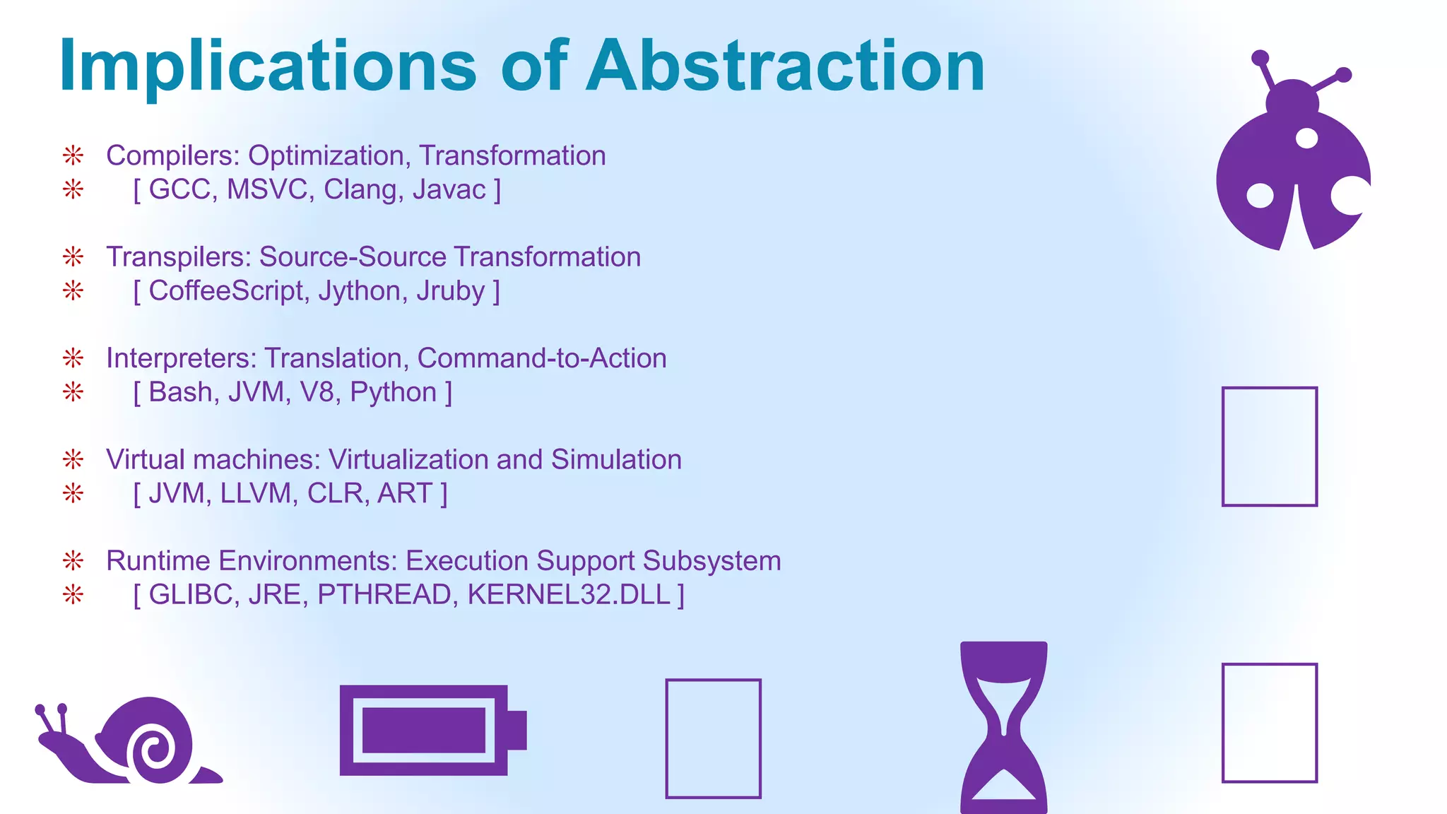 Implications of Abstraction
❊ Compilers: Optimization, Transformation
❊ [ GCC, MSVC, Clang, Javac ]
❊ Transpilers: Source-Source Transformation
❊ [ CoffeeScript, Jython, Jruby ]
❊ Interpreters: Translation, Command-to-Action
❊ [ Bash, JVM, V8, Python ]
❊ Virtual machines: Virtualization and Simulation
❊ [ JVM, LLVM, CLR, ART ]
❊ Runtime Environments: Execution Support Subsystem
❊ [ GLIBC, JRE, PTHREAD, KERNEL32.DLL ]
🐞
🗡
⏳🔋 🗡🐌 🗡
 