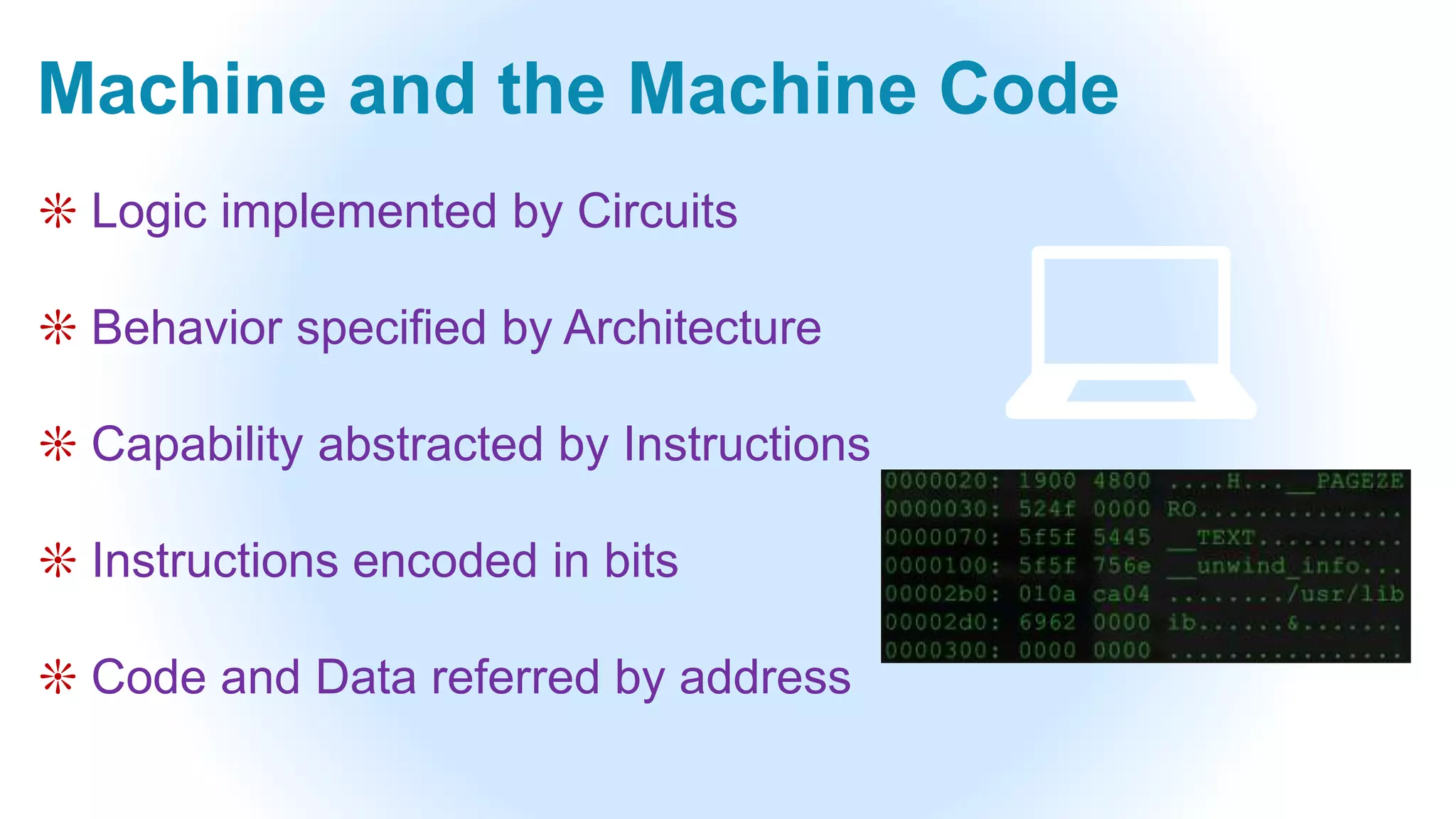 Machine and the Machine Code
❊ Logic implemented by Circuits
❊ Behavior specified by Architecture
❊ Capability abstracted by Instructions
❊ Instructions encoded in bits
❊ Code and Data referred by address
💻
 