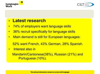 •   Latest research
•   74% of employers want language skills
•   36% recruit specifically for language skills
•   Main demand is still for European languages:

    52% want French, 43% German, 28% Spanish.
•   Interest also in
    Mandarin/Cantonese(38%), Russian (21%) and
       Portuguese (10%).
 