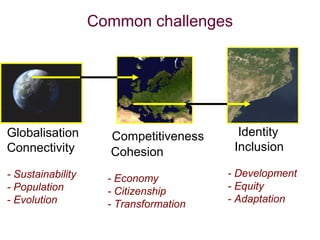Common challenges




Globalisation        Competitiveness      Identity
Connectivity         Cohesion            Inclusion

- Sustainability     - Economy          - Development
- Population         - Citizenship      - Equity
- Evolution          - Transformation   - Adaptation
 