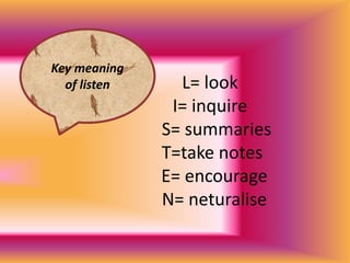 Key meaning
  of listen     L= look
               I= inquire
              S= summaries
              T=take notes
              E= encourage
              N= neturalise
 