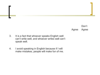 Agree
Don’t
Agree
3. It is a fact that whoever speaks English well
can’t write well, and whoever writes well can’t
speak well.
4. I avoid speaking in English because if I will
make mistakes, people will make fun of me.
 