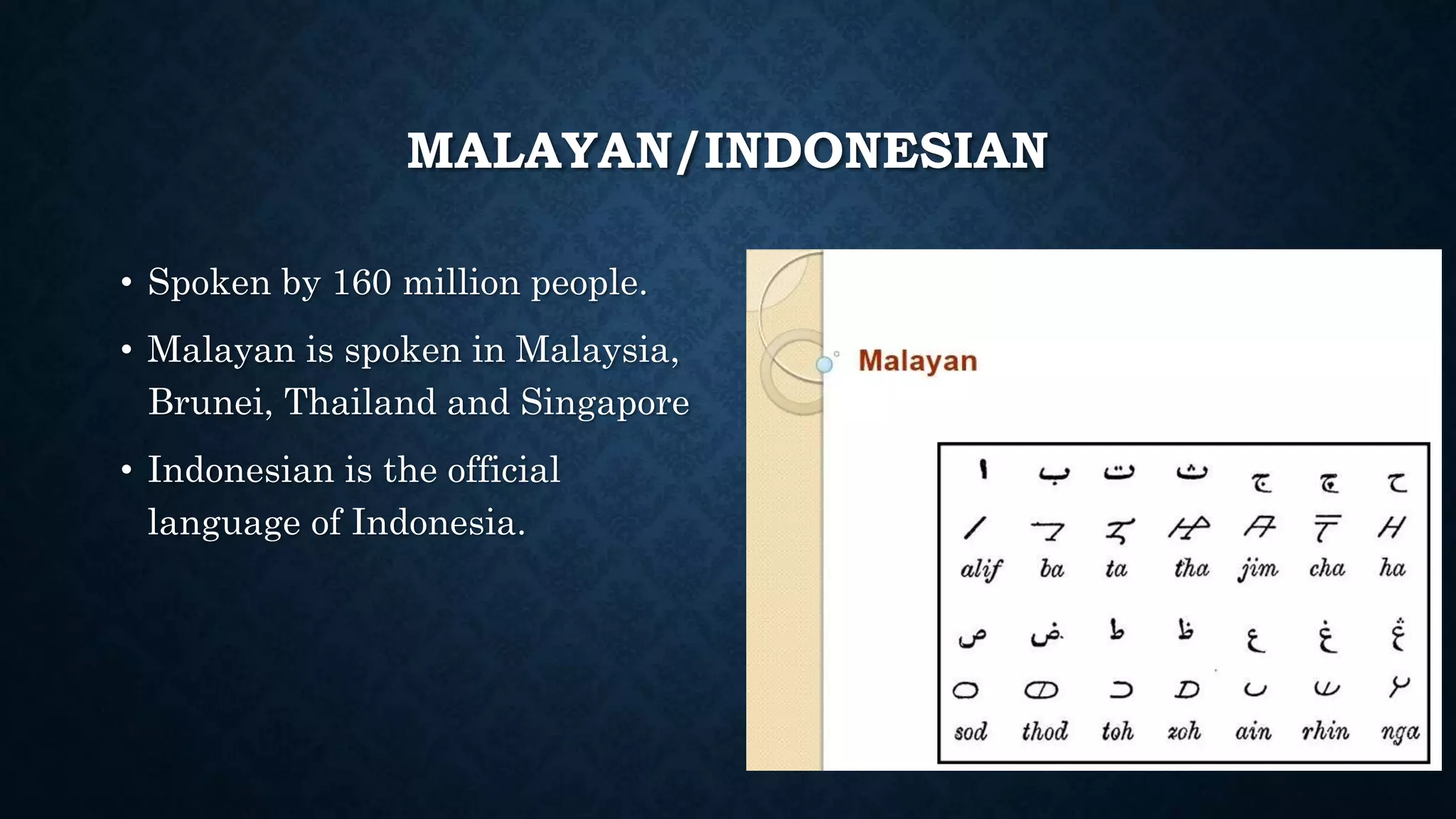 MALAYAN/INDONESIAN
• Spoken by 160 million people.
• Malayan is spoken in Malaysia,
Brunei, Thailand and Singapore
• Indonesian is the official
language of Indonesia.
 