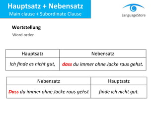 Wortstellung
Word order
Hauptsatz Nebensatz
Ich finde es nicht gut, dass du immer ohne Jacke raus gehst.
Nebensatz Hauptsatz
Dass du immer ohne Jacke raus gehst finde ich nicht gut.
Hauptsatz + Nebensatz
Main clause + Subordinate Clause
 