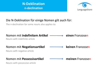 Die N-Deklination für einige Nomen gilt auch für:
The n-declination for some nouns also applies to:
Nomen mit indefinitem Artikel einen Franzosen
Nouns with indefinite article
Nomen mit Negationsartikel keinen Franzosen
Nouns with negative article
Nomen mit Possessivartikel meinen Franzosen
Nouns with possessive article
N-Deklination
n-declination
 