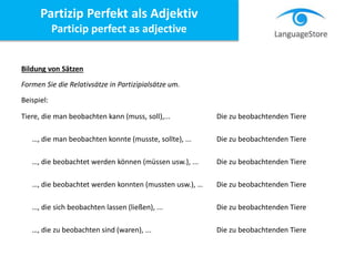 Partizip Perfekt als Adjektiv
Particip perfect as adjective
Bildung von Sätzen
Formen Sie die Relativsätze in Partizipialsätze um.
Beispiel:
Tiere, die man beobachten kann (muss, soll),... Die zu beobachtenden Tiere
…, die man beobachten konnte (musste, sollte), ... Die zu beobachtenden Tiere
…, die beobachtet werden können (müssen usw.), ... Die zu beobachtenden Tiere
…, die beobachtet werden konnten (mussten usw.), … Die zu beobachtenden Tiere
…, die sich beobachten lassen (ließen), ... Die zu beobachtenden Tiere
…, die zu beobachten sind (waren), ... Die zu beobachtenden Tiere
 