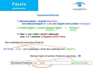 Der Antrag
Das zuständige Amt lehnte den Antrag ab.
1. Akkusativobjekt  Subjekt (Nominativ)
kein Akkusativobjekt   Es oder Subjekt nicht sichtbar (verborgen)
2. Prädikat (Zeit?)  werden (Person? Zahl?) + Partizip II
(Position II) (ENDE)
3. Täter  von + Dativ / durch + Akkusativ
man  X / niemand  Negation (nicht / kein)
wurde abgelehnt.vom zuständigen / durch das zuständige Amt
Niemand hatte mit solchen Problemen gerechnet.
war gerechnet worden.mit solchen Problemen

Es nichtMit solchen Problemen war nicht gerechnet worden.
Zusammenfassung
Passiv
passive voice
 