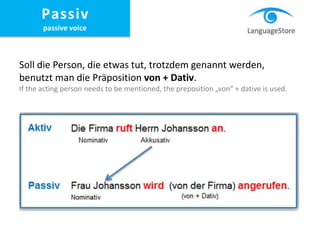 Soll die Person, die etwas tut, trotzdem genannt werden,
benutzt man die Präposition von + Dativ.
If the acting person needs to be mentioned, the preposition „von“ + dative is used.
Passiv
passive voice
 