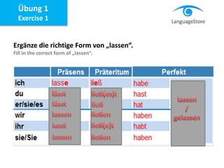 Ergänze die richtige Form von „lassen“.
Fill in the correct form of „lassen“.
Übung 1
Exercise 1
 