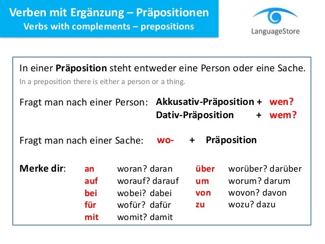 Wie Fragt Man Nach Dem Präpositionalobjekt LanguageStore - Verben m. erg. Präpositionen