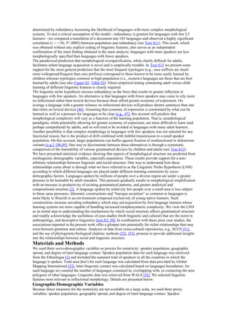 determined by redundancy increasing the likelihood of languages with more complex morphological
systems. To test a critical assumption of the model—redundancy is greatest for languages with few L2
learners—we compared a translation of a document into 103 languages and observed a highly significant
correlation (r = .56,− P<.0005) between population and redundancy (see Text S11). This result, which
was obtained without any explicit coding of linguistic features, also serves as an independent
confirmation of the main finding obtained in the main analysis: languages with more speakers are less
morphologically specified than languages with fewer speakers.
The paradoxical prediction that morphological overspecification, while clearly difficult for adults,
facilitates infant language acquisition is novel and is empirically testable. In Text S12 we present some
support for the more general prediction that the most frequent typologies (e.g., case suffixes are much
more widespread/frequent than case prefixes) correspond to those known to be more easily learned by
children whereas typologies common to high-population (i.e., exoteric) languages are those that are best
learned by adults (see also Figure S2; Table S2). Direct empirical testing contrasting adult versus child
learning of different linguistic features is clearly required.
The linguistic niche hypothesis stresses redundancy as the force that results in greater inflection in
languages with few speakers. An alternative is that languages with fewer speakers may come to rely more
on inflectional rather than lexical devices because these afford greater economy of expression. On
average a language with a greater reliance on inflectional devices will produce shorter sentences than one
that relies on lexical devices [46]. Assuming that economy of expression is constrained by what can be
learned as well as a pressure for languages to be clear [e.g., 47], this account still predicts that
morphological complexity will vary as a function of the learning population. That is, morphological
paradigms, while potentially allowing for greater economy of expression, are more difficult to learn (and
perhaps comprehend) by adults, and so will tend to be avoided in languages with many adult learners.
Another possibility is that complex morphology in languages with few speakers was not selected for any
functional reason, but is the product of drift combined with faithful transmission in a small speaker
population. On this account, larger populations can buffer against fixation of nonfunctional or deleterious
variants [e.g.], [48,49]. One way to discriminate between these alternatives is through a systematic
comparison of the learnability of various grammatical devices by children and adults (see Text S12).
We have presented statistical evidence showing that aspects of morphological structure are predicted from
nonlinguistic demographic variables, especially population. These results provide support for a non-
arbitrary relationships between linguistic and social structure. One way to understand how these
relationships come about is through what we have referred to as the Linguistic Niche Hypothesis (LNH)
according to which different languages are placed under different learning constraints by socio-
demographic factors. Languages spoken by millions of people over a diverse region are under a greater
pressure to be learnable by adult outsiders. This pressure gradually results in morphological simplification
with an increase in productivity of existing grammatical patterns, and greater analytical and
compositional structure [2]. A language spoken by relatively few people over a small area is less subject
to these same pressures. Idiomatic constructions and “baroque accretion” so common to languages is
more likely to flourish in an environment composed exclusively of young native learners. Such
constructions increase encoding redundancy which may aid acquisition by first language learners whose
learning systems are more capable of handling increased morphosyntactic complexity. We view the LNH
as an initial step in understanding the mechanisms by which social structure affects grammatical structure
and readily acknowledge the usefulness of case-studies (both linguistic and cultural) that are the norm in
anthropology, and descriptive linguistics [text S3; 50]. In combination with these prior case studies, the
associations reported in the present work offer a glimpse into potentially far richer relationships that may
exist between grammar and culture. Analyses of data from cross-cultural repositories, e.g., SCCS [51],
and the use of phylogenetic/biological cladistic methods [52], [53], promise to provide additional insights
into the relationships between social and linguistic structure.
Materials and Methods
We used three socio-demographic variables as proxies for esotericity: speaker population, geographic
spread, and degree of inter-language contact. Speaker population data for each language was retrieved
from the Ethnologue [1] and included the summed total of speakers in all the countries in which the
language is spoken. Total area (km2
) for each language was calculated from data provided by Global
Mapping International [33]. Inter-linguistic contact was calculated based on languages boundaries: for
each language we counted the number of languages contained in, overlapping with, or contacting the area
polygons of other languages. Linguistic data was retrieved from WALS [32]. We selected linguistic
features most relevant to inflectional morphology. Details are presented below.
Geographic/Demographic Variables
Because direct measures for the esotericity are not available on a large scale, we used three proxy
variables: speaker population, geographic spread, and degree of inter-language contact. Speaker
 