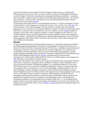 simple as those that have been argued to be heavily shaped by adult learning, e.g., English [12]?
The primary goal of the present work is to examine whether non-spurious relationships exist between
social and linguistic structure by using large-scale demographic and linguistic databases. A secondary
goal is to provide a tentative framework within which to understand the reported results—the Linguistic
Niche Hypothesis—which provides a nomothetic account for understanding relationships between
linguistic and social structure (Text S3).
In assessing the relationship between social and linguistic structure, it is useful to distinguish two main
contexts (niches) in which languages are learned and used: the exoteric and the esoteric [2], [31]. The
exoteric linguistic niche contains languages with large numbers of speakers, thus requiring these
languages to serve as interfaces for communication between strangers. In reality the esoteric and exoteric
niches form a continuum, and are represented as such in our analyses (see also Text S4). Speakers of
languages in the exoteric niche compared to speakers of esoteric languages are more likely to (1) be
nonnative speakers or have learned the language from nonnative speakers, and (2) use the language to
speak to outsiders—individuals from different ethnic and/or linguistic backgrounds. The exoteric niche
includes languages like English, Swahili, and Hindi, while the esoteric niche includes languages like
Tatar, Elfdalian, and Algonquin.
Results
To assess relationships between social and linguistic structure we constructed a dataset that combined
social/demographic and typological information for 2,236 languages. Grammatical information was
obtained from the World Atlas of Language Structures (WALS) [32]—a database of structural properties
of language compiled from descriptive materials such as reference grammars. The full dataset was
constructed by combining typological data from WALS with the following demographic variables:
speaker population, geographic spread, and number of linguistic neighbors derived from Ethnologue [1]
and the Global Mapping Institute [33] (see Text S5, containing analyses that demonstrate
representativeness of the sample). Although WALS includes over 2,000 languages, most languages are
only defined on a small number of linguistic features.
Table 1 shows the results of three models used to explore the relationships between typological features,
and measures of population, geographic spread, and degree of linguistic contact. Population, and to a
lesser extent area and number of neighboring neighbors, was a significant predictor for 26/28 of the
WALS features that were most relevant to inflectional morphology. Of these, 23 remained significant
when language family was partialed out. For 22/28 the demographic variables (population, area over
which a language is spoken, and degree of linguistic contact) combined with geographic covariates
(latitude/longitude) proved to be better predictors of the linguistic features than geographic location alone.
Across a wide range of linguistic features, a systematic relationship (discussed below) between
demographic and typological variables was found, providing overwhelming evidence against the null
hypothesis that language structure is unrelated to socio-demographic factors. Although the three
demographic predictors are not independent (intercorrelations range from .5 to .6), including all three
predictors helps to ensure that linguistic-demographic relationships are not spurious. We summarize the
findings below (parentheticals refer to entries in Table 1). Text S6 includes more detailed descriptions of
the linguistic features.
 