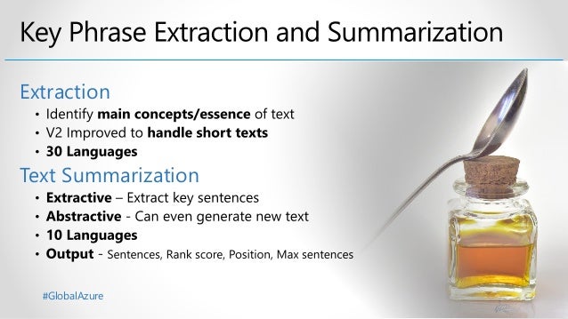 #GlobalAzure
Extraction
Text Summarization
 