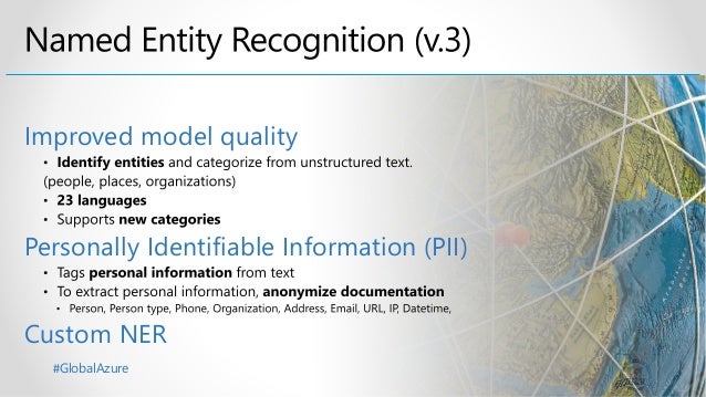 #GlobalAzure
Improved model quality
Personally Identifiable Information (PII)
Custom NER
 