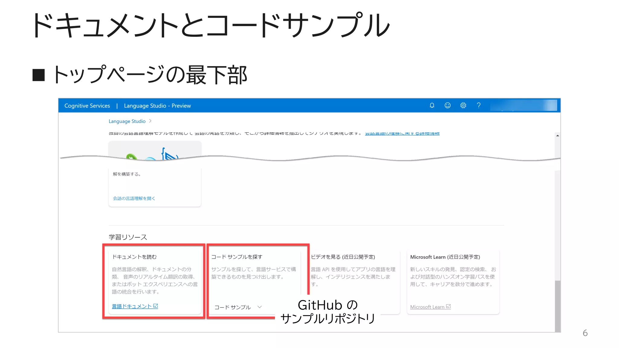 ドキュメントとコードサンプル
◼ トップページの最下部
6
GitHub の
サンプルリポジトリ
 