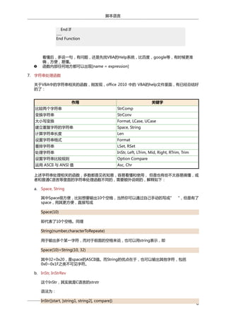 脚本语言
End If
......
End Function

看懂后，多说一句，有问题，还是先找VBA的Help系统，比百度，google等，有时候更准
确，方便，易懂。
函数内部任何地方都可以出现[name = expression]
7. 字符串处理函数
关于VBA中的字符串相关的函数，刚发现，office 2010 中的 VBA的help文件里面，有已经总结好
的了：
作用

关键字

比较两个字符串

StrComp

变换字符串

StrConv

大小写变换

Format, LCase, UCase

建立重复字符的字符串

Space, String

计算字符串长度

Len

设置字符串格式

Format

重排字符串

LSet, RSet

处理字符串

InStr, Left, LTrim, Mid, Right, RTrim, Trim

设置字符串比较规则

Option Compare

运用 ASCII 与 ANSI 值

Asc, Chr

上述字符串处理相关的函数，多数都是见名知意，容易看懂和使用， 但是也有些不太容易搞懂，或
者和普通C语言等里面的字符串处理函数不同的，需要额外说明的，解释如下：
a.

Space, String
其中Space很方便，比如想要输出10个空格，当然你可以通过自己手动的写成"
space，用其更方便，直接写成

"，但是有了

Space(10)
即代表了10个空格。同理
String(number,characterToRepeate)
用于输出多个某一字符，而对于前面的空格来说，也可以用string表示，即
Space(10)=String(10, 32)
其中32=0x20，是space的ASCII值。而String的优点在于，也可以输出其他字符，包括
0x0~0x1F之类不可见字符。
b. InStr, InStrRev
这个InStr，其实就是C语言的strstr
语法为：
InStr([start, ]string1, string2[, compare])

6

 