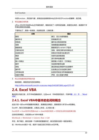 脚本语言
End Function
中的Function，然后按F1键，系统自动会跳转到Help文件中关于Function的解释，很方便。
2. 常见函数分类列表
office 2010中VBA的help文件做的很好，里面总结了一些常见的函数，前面列出来的，就是那个字
符串处理相关的函数。
下面列出了，其他一些类别，先放到这里，以备后查：
分类

描述

数组

建立、定义与使用数组

编译命令

控制编译方式

控制流

循环及过程流程控制

变换

变换数值及数据类型

数据类型

数据类型与 variant 子型态

日期与时间

变换、使用日期与时间表达式

目录和文件

控制文件系统与处理文件

错误

侦测与返回错误值

金融

进行各种金融运算

输入与输出

接受输入与显示、打印输出

数学

完成各种数学运算

其他

激活其他应用程序与处理事件

操作符

比较表达式与完成其它操作

字符串处理

处理字符串及字符串数据类型

变量与常数

声明、定义变量与常数

3. 网上在线查找相关帮助内容
刚找到的，微软的官方的在线帮助：
http://office.microsoft.com/zh-cn/access-help/CH010072891.aspx?CTT=97

2.4. Excel VBA
看此部分内容之前，关于VBA的基础知识，以及word VBA的相关知识，可参考第 2.3 节 “Word
VBA”

2.4.1. Excel VBA中基本的名词和概念
此处介绍一些Excel中的最基本的概念，搞清楚这些概念，是继续深入学习Excel的基础。
Excel文件 ⇒ Excel文件中页表sheet ⇒ sheet中的行和列 ⇒ 行列交叉点所对应的单元格
Excel中，我们已经知道的是，从概念上来说，从大到小是：

Workbook ⇒ Worksheet ⇒ Column, Row ⇒ Cell
这些名词和概念，对应到Excel VBA中就是：

并且，每个概念，都对应着一个该单词的复数形式，表示的是对应的一组的该单位，
如：Workbooks表示一组，很多个当前已经打开的Excel文件等。

10

 